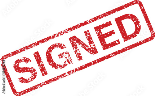 A vibrant red grunge rubber stamp with the word SIGNED prominently displayed diagonally on a pure white backdrop