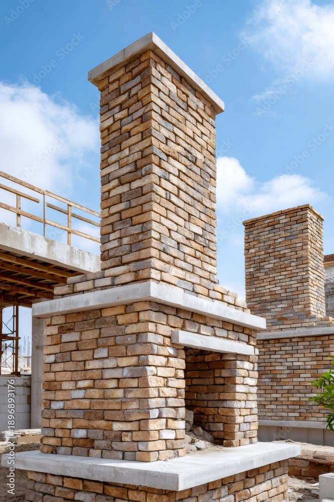 Obraz premium Outdoor brick fireplace construction at building site