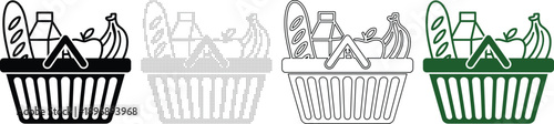 Grocery Shopping Basket with Food Items Line Art Icons