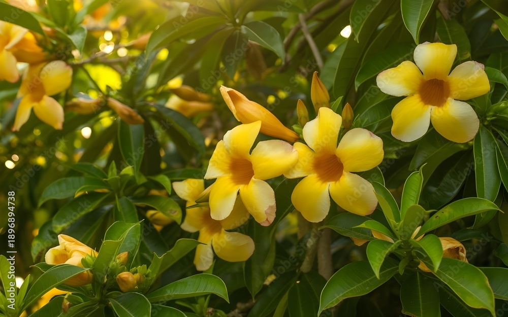 Obraz premium A beautiful macro shot of blooming yellow flowers and exotic tropical frangipani blossoms adds vibrant spring beauty to a lush summer garden