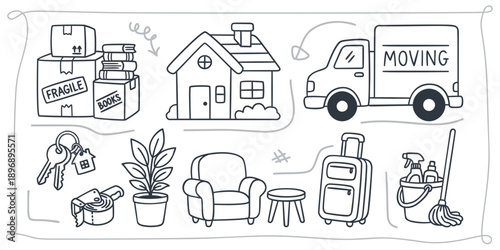 Set of hand drawn doodle illustration elements about moving house, real estate, furniture and cleaning supplies