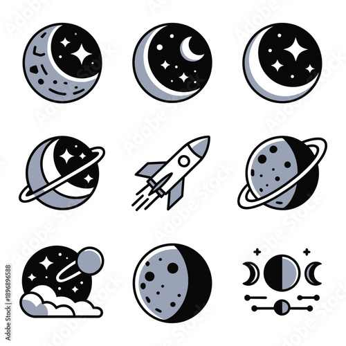 Nine monochrome stylized icons related to space travel celestial bodies and astronomical phenomena with subtle blue accents