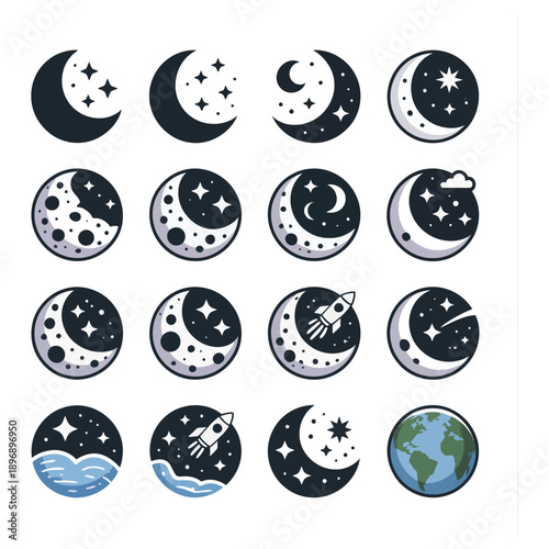 Set of sixteen stylized icons depicting various phases and elements of the moon and space exploration against a transparent background for design projects