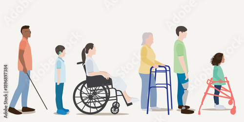 Diverse disability awareness vector illustration showing side view of people with hearing aid, wheelchair, walking frames and prosthetic leg promoting inclusion.