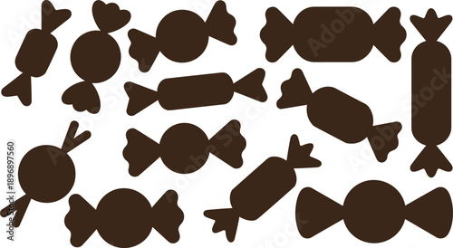 Chocolate, candy, silhouettes, set, sweet, confectionery, icons, collection, dessert, snack, cocoa, treat, wrapper, shapes, minimal, flat, vector, design, illustration, template