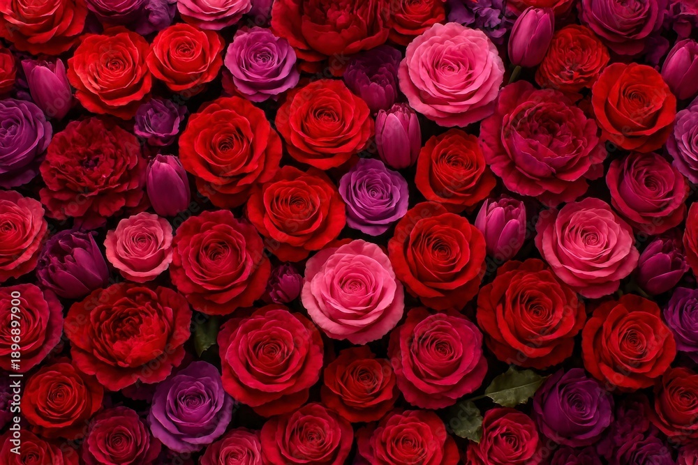 Obraz premium Vibrant red pink purple roses and tulips background