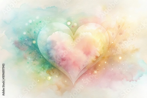 Pastel Watercolor Heart Shaped Abstract Art with Soft Glowing Lights and Delicate Floral Elements