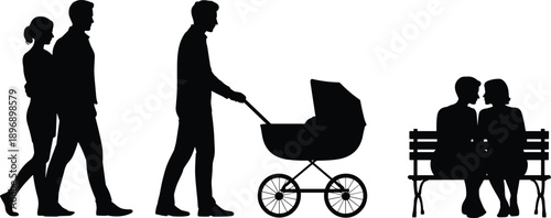 Family silhouettes showing couple walking, father pushing baby stroller and parents sitting on park bench, representing parenthood, relationships and everyday family lifestyle concept