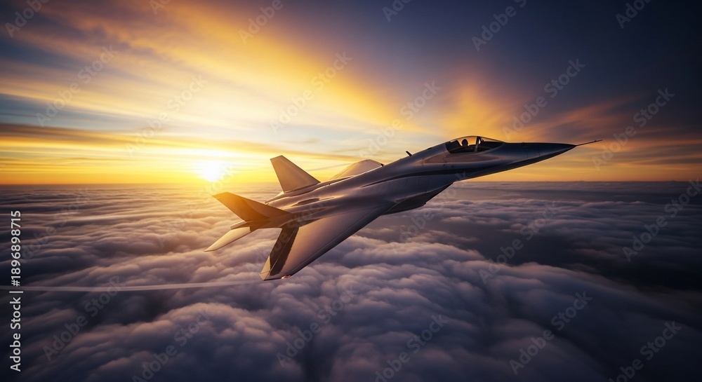 Fototapeta premium Fighter jet soaring through clouds at sunset