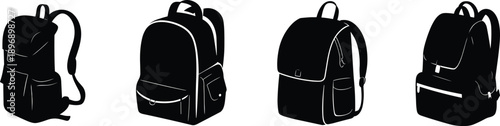Backpack silhouette set black vector illustration school travel bag icons isolated white background minimal design collection modern flat graphic clipart