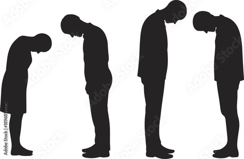 Human silhouettes with bowed heads expressing sadness, depression, emotional struggle, symbolizing mental health issues, loneliness and psychological exhaustion on white background illustration
