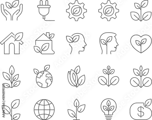 Black line icon set for environmental conservation green energy ecology sustainability renewable resources global warming and eco friendly professional business services for websites