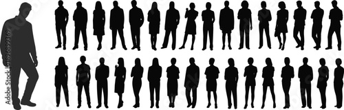 Large group of male and female human silhouettes standing together, representing diversity, community, business workforce, leadership, teamwork and social crowd concept on white background