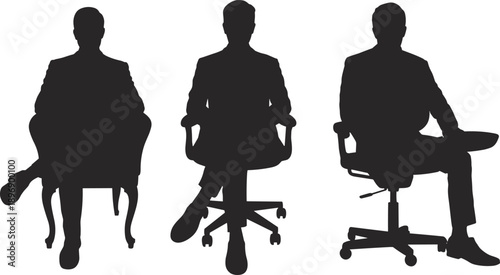Silhouettes of seated business men on office chairs representing leadership, interviews, executive posture and modern corporate workplace lifestyle concept isolated on white background