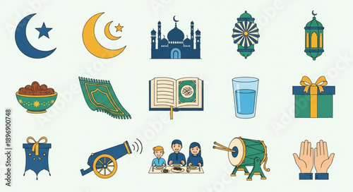 Islamic cultural symbols and objects collection illustration.