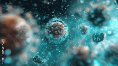 Close up view of viruses moving in a digital space with bright colors