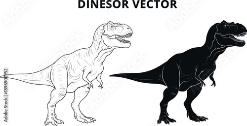 Tyrannosaurus Rex dinosaur vector illustration featuring detailed black silhouette and outline sketch isolated on white background for prehistoric education designs and kids creative projects