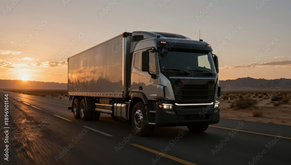 Obraz premium A modern semi truck drives along a highway during a vibrant desert sunset