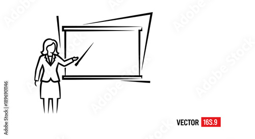 female presenter in business attire pointing to a whiteboard delivering a presentation ideal for education and corporate training concepts.