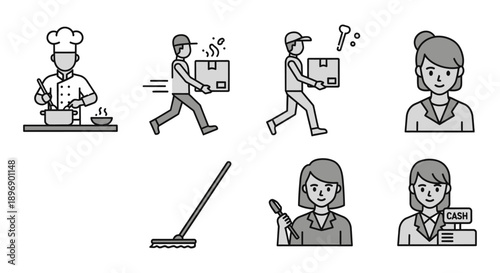 flat line icons of diverse service industry jobs chef delivery cleaning and cashier illustrating professional employment concepts.