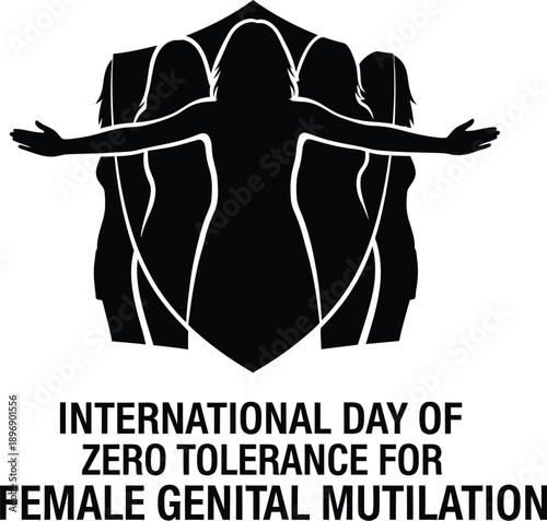 Black and white graphic design promoting the international day of zero tolerance for female genital mutilation featuring silhouettes of women standing together powerfully