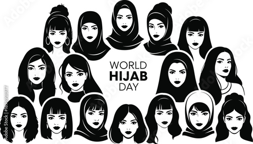 A powerful black and white illustration showcasing diverse women celebrating world hijab day emphasizing unity and religious freedom through head coverings and unveiled styles.