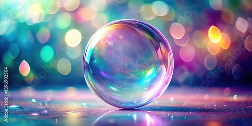 A shimmering iridescent sphere rests on a reflective surface, surrounded by a bokeh of vibrant colors.
