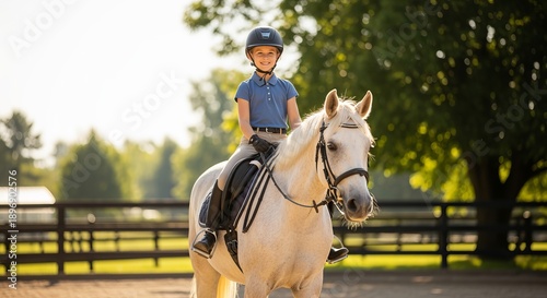 Joyful young girl riding a horse during equitation lesson, smiling and wearing a helmet