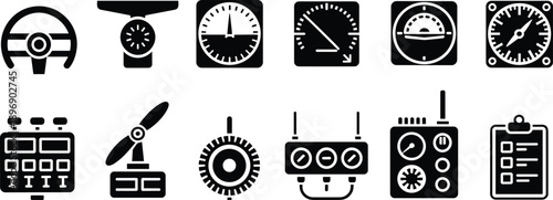 Assortment of black and white for aviation and control systems featuring a steering wheel, propeller, radio, and various dashboard gauges