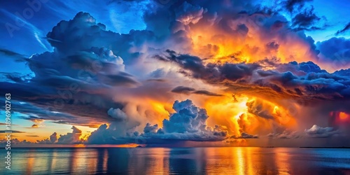 Dramatic Sunset Sky Over Calm Ocean Waters, A Vibrant Display of Colorful Clouds and Golden Light Reflecting on the Serene Sea Surface