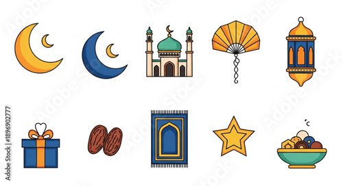 Islamic Holiday Icons Collection Ramadan Eid Celebration Symbols.