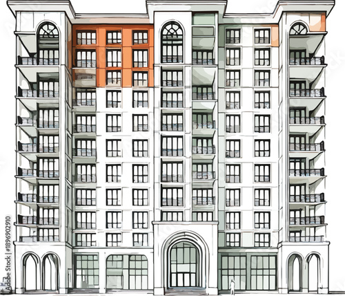 Modern apartment building with balconies and arched entrance