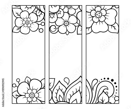 Printable bookmark for book - coloring. Set of black and white labels with flower patterns, hand draw in mehndi style. Sketch of ornaments for creativity of children and adults with colored pencils.