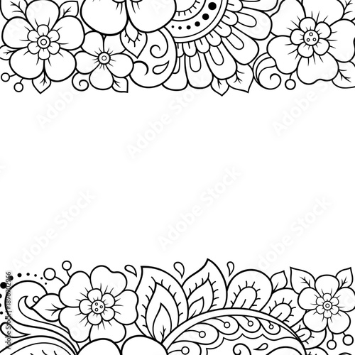 Frame in eastern tradition. Stylized with henna tattoos decorative pattern for decorating covers for book, notebook, casket, magazine, postcard and folder. Flower border in mehndi style.