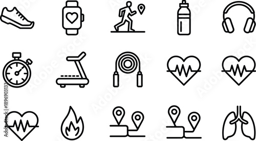 Collection of simple black line representing fitness and health activities and equipment for sports and wellness