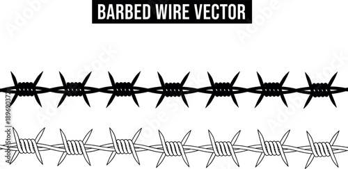 Black and White Barbed Wire Vector Set Featuring Seamless Horizontal Borders with Sharp Spikes for Security Protection Prison and Industrial Graphic Design Concepts