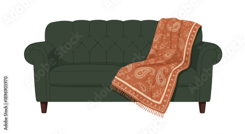 Cozy Dark Green Chesterfield Sofa with Orange Paisley Throw Blanket Illustration