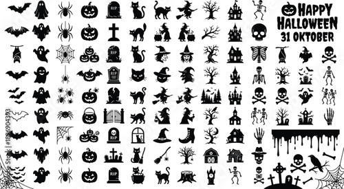 Halloween Silhouette Icon Set Collection of Bats Skulls Witches Pumpkins Ghosts Spooky Symbols Vector Illustration