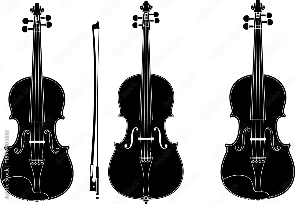 Fototapeta premium Classical string instruments vector silhouette set featuring violin, viola, cello, and bow isolated on white background for orchestra design concepts.