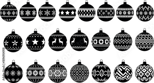 Decorative Christmas ball silhouettes set featuring snowflakes, stars, and reindeer patterns for holiday greeting cards and winter season design.