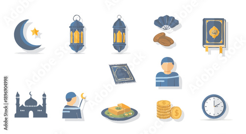 Islamic Icons Set Ramadan Symbols Mosques Lanterns Quran.