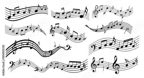 Collection of Dynamic Musical Notes and Staffs, Abstract Vector Music Elements