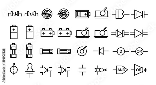 Collection of Electrical Circuit Symbols, Electronic Components and Schematics Icons on White