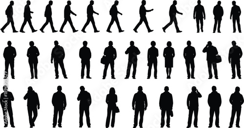 People walking silhouette vector set showing men and women in different standing and walking poses representing urban lifestyle and daily activities