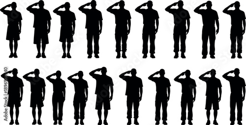 Set of black vector silhouettes of soldiers and men standing and saluting to show respect and military patriotism.