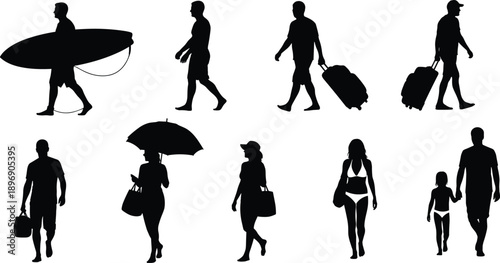 People walking silhouette vector set showing travelers, tourists, surfers, and beach lifestyle characters carrying luggage, bags, umbrellas, and sports equipment