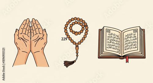 Islamic prayer hands rosary and holy book illustration.
