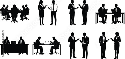 Business people silhouette vector illustration showing professional meetings, teamwork, discussions, negotiations, and corporate communication scenes in modern office environments