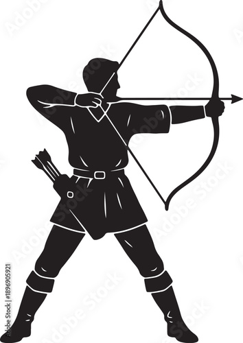 Black silhouette of a male archer a bow with arrows in a quiver on his back also transparent background