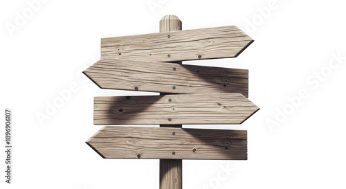 Wooden directional signpost with multiple arrows isolated on transparent background